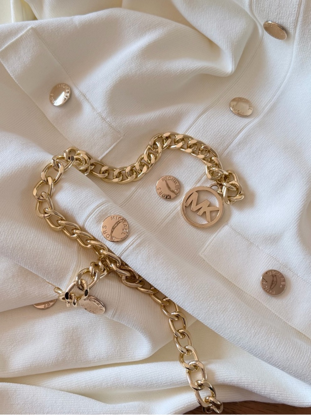 Michael KORS Stretch Signature Viscose Belted Gold Chain Midi Dress Ivory Medium - Picture 13 of 13